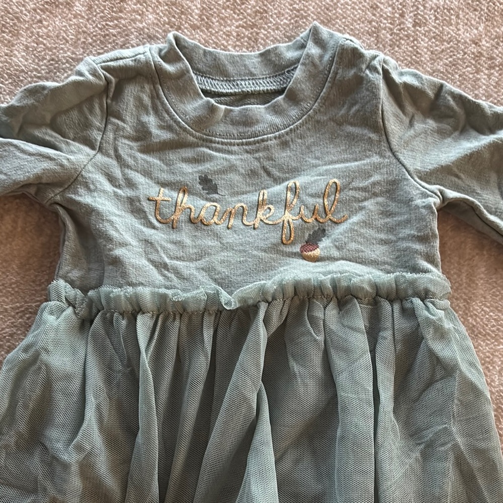 Carter's “Thankful” Green Holiday Dress with Cuffed Short Sleeves